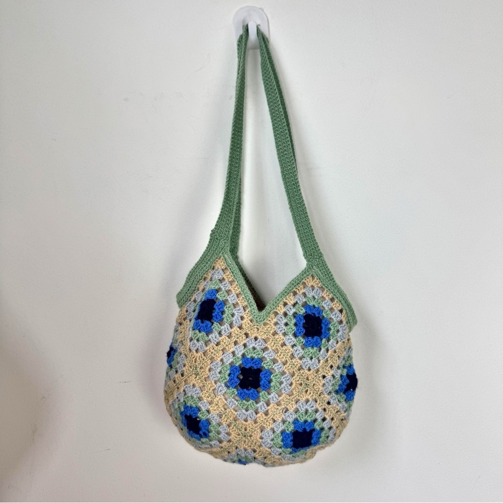 Crochet Granny Square Shoulder Tote Bag Handmade Green Tan Blue